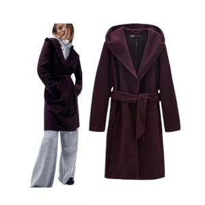 ZARA Soft Hooded Burgundy Belted Coat Size Large